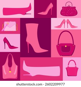 The composition is a showcase with pink bags and boots. Flat style.