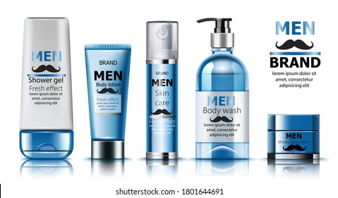 Composition of shower gel, body lotion, skin care oil, wash soap and moisturizing lotion for men. Place for text. Fresh effect. Moustache decoration. Realistic. 3D Mockup Vector