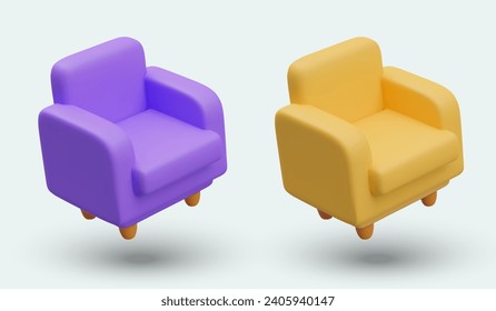 Composition with side view of armchairs in yellow and purple colors. Comfortable soft furniture. Collection for computer games. Vector illustration in 3d style with white background
