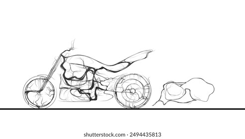 Composition of a sideways motorcycle made of wavy lines along the contour of black color on a white background. Vector illustration.