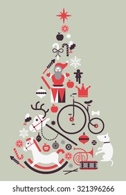Composition with silhouette of Christmas tree made of seasonal gifts, toys and crystal balls.