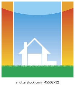 Composition with a silhouette of the small house. It costs on a green grass. Behind it the blue sky is located.