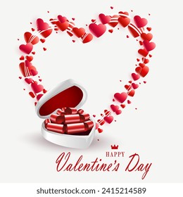 Composición con la silueta de una caja blanca como un corazón con un arco rojo y una corona de corazones, elemento de diseño.