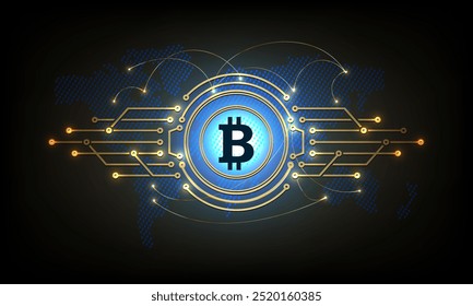 Composition from the silhouettes of the abstract sign of the coin bitcoin and the continents of the globe with glitter.