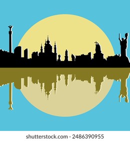 Composition of silhouettes of architectural monuments of the capital of Ukraine Kyiv on a yellow-blue background