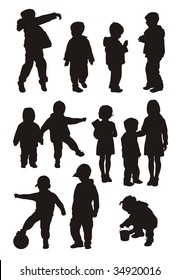 Composition with silhouettes of children. On a white background twelve silhouettes of boys and girls are located. All children of different age.