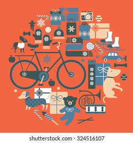 Composition with silhouettes of Christmas presents and symbols of seasonal gifts ideas.
