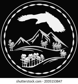 Composition of silhouettes of an eagle,  trees and mountains on a dark background. Ecological concept. Vector illustration