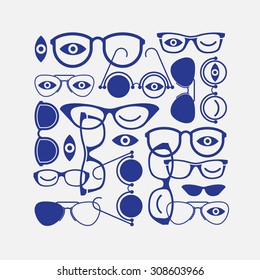 Composition with silhouettes of eyes and glasses in a shape of square.