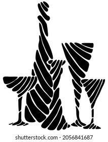 Composition of silhouettes of glass cutlery stylized in the form of spirals, wine glasses, decanters, bottles. Vector image suitable for signs or background