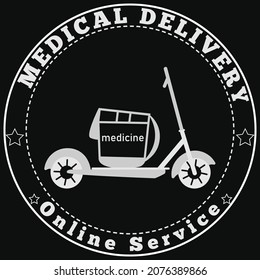 Composition of silhouettes of a scooter, bag with medical supplies for delivery on a dark background.  Vector illustration