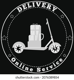 Composition of silhouettes of a scooter, boxes for delivery on a dark background. Vector illustration