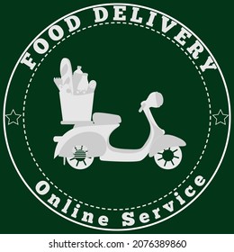 Composition of silhouettes of a scooter, package with products for delivery on a green background.  Vector illustration