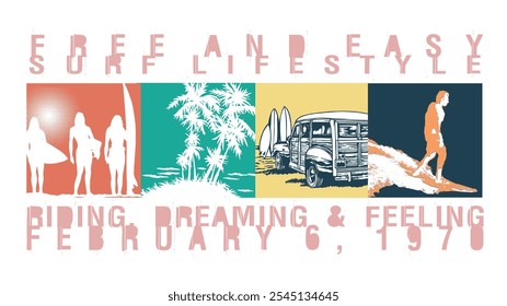 Composition with silhouettes of surfers, surfer's car, coconut trees. Design for prints on t-shirts, decoration, etc.