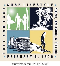 Composition with silhouettes of surfers, surfer's car, coconut trees. Design for prints on t-shirts, decoration, etc.