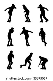 Composition with silhouettes of teenagers on the roller fads. On figures jackets and helmets are put on. They are located on a white background.