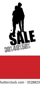 Composition with silhouettes of teenagers. Under them inscription SALE and percent. Below a red field for the text.