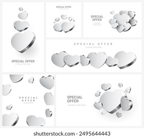 Composition of silver hearts. Poster design for Valentine's Day or a gift for a loved one. Promotion poster horizontal design template. Vector illustration