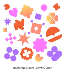 Composition of simple shapes. Y2K design elements. Trendy abstract minimalist figures, stars, flowers, hearts, circles. Vector illustration. stickers. Flat design. Gradient and funky. Retro aesthetic