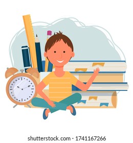 Composition with sitting boy, kid, books, pen, pencil, ruler, alarm isolated on white background stock vector illustration. Positive bright in flat style. E-learning, online education concept.