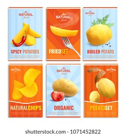Composition of six cards with images of boiled potato fried spicy and natural chips  realistic vector illustration  