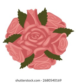 Uma composição de seis rosas rosadas empoeiradas, um broto, e folhas dispostas em círculo. Ilustração vetorial em um fundo branco.
