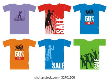 Composition with six T-shirts on a white background. On them female silhouettes are represented. All T-shirts of bright colours.