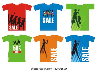 Composition with six T-shirts on a white background. On them female silhouettes are represented. All T-shirts of bright colours.