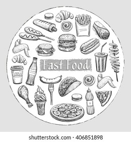
The composition of the sketches on the theme of fast food. Poster or cover for the menu 