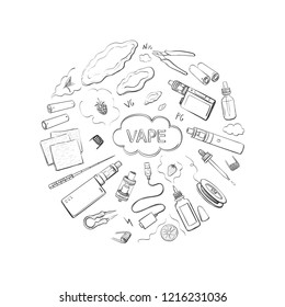 The composition of the sketches on the topic of vape in the form of a circle