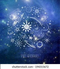 Composition with sketchy space objects and place for your text on blurred space background. Vector illustration   Elements of this image furnished by NASA. 