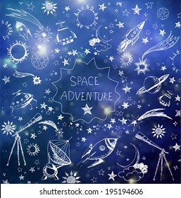 Composition with sketchy space objects and place for your text on blurred space background. Vector illustration   Elements of this image furnished by NASA. 