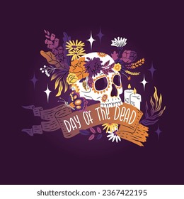 Composition with a skull and flowers for the Day of the Dead. Mexican holiday of all saints. The inscription is framed in the form of a ribbon. Vector illustration in cartoon style.