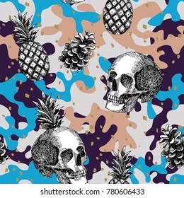 Composition of skull pineapple cone hand drawn in pencil military abstract color background