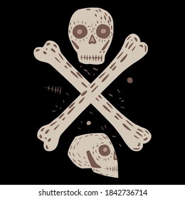 Composition from skulls and bones on black background. Pirate flag sketch hand drawn in style doodle vector illustration.