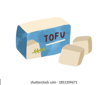 Composition of sliced tofu. Vegan organic soy cheese in package isolated on white background. Flat vector cartoon illustration of dairy bean curd. Traditional asian meal for vegetarians