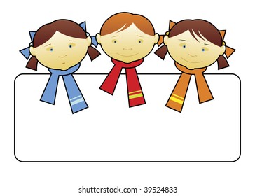 Composition with small children. In the centre the head of the boy and two heads of girls is located. Scarfs are put on them.