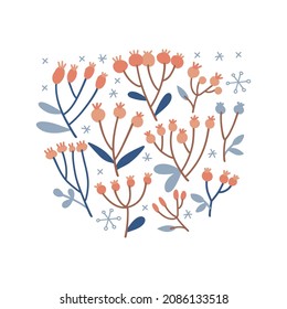 Composition of small Christmas branches with berries. Concept of the winter season, holidays, Christmas, New Year. Isolated clipart element. Vector flat Illustration. Only 5 colors - Easy to recolor.