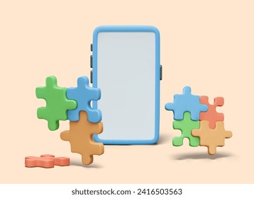 Composición con smartphone y volando diferentes acertijos. Negocios, estrategia, búsqueda de soluciones