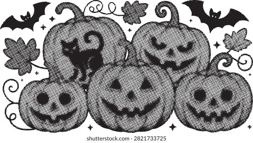 Composition of smiling jack o lanterns decorated with bats autumn leaves and swirling vines in halftone graphic style.