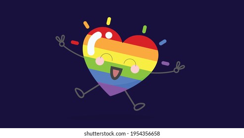 Composition of smiling rainbow heart on dark blue background. lgbtq, equality and human rights concept digitally generated image.