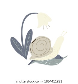 Composition snail on leaf with flower on white background. Funny cartoon character in doodle style vector illustration.