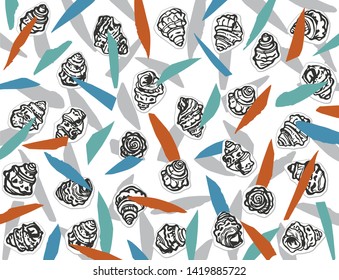 Composition with snail shells and cut out pieces of colorful papers, handmade artistic poster.