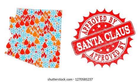 Composition of snowflake and fire map of Arizona State and Approved by Santa Claus grunge stamp seal. Mosaic vector map of Arizona State is composed with snow and fire icons.