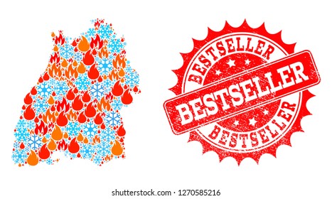 Composition of snowflake and fire map of Baden-Wurttemberg State and Bestseller grunge stamp seal. Mosaic vector map of Baden-Wurttemberg State is formed with ice and fire icons.
