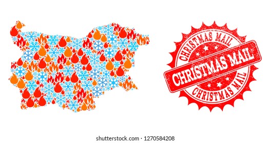 Composition of snowflake and fire map of Bulgaria and Christmas Mail grunge stamp seal. Mosaic vector map of Bulgaria is composed with cold and fire icons. Christmas Mail stamp has red color,