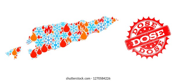 Composition of snowflake and fire map of East Timor and Dose grunge stamp seal. Mosaic vector map of East Timor is designed with winter and fire symbols. Dose stamp has red color,