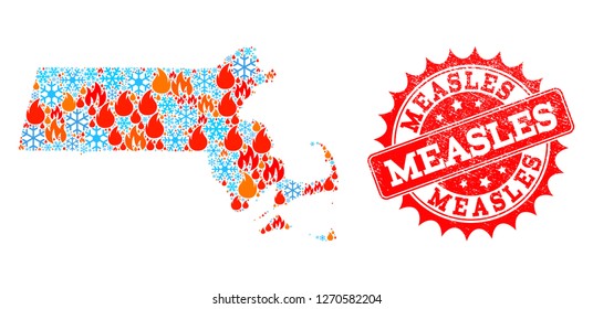 Composition of snowflake and fire map of Massachusetts State and Measles grunge stamp seal. Mosaic vector map of Massachusetts State is designed with ice and fire icons. Measles stamp has red color,