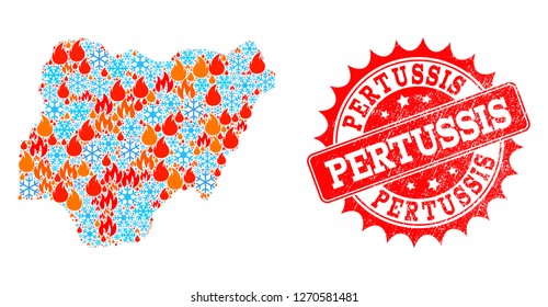 Composition of snowflake and fire map of Nigeria and Pertussis grunge stamp seal. Mosaic vector map of Nigeria is composed with frost and fire icons. Pertussis stamp has red color,