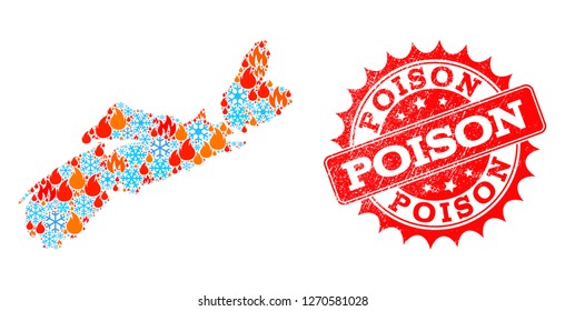 Composition of snowflake and fire map of Nova Scotia Province and Poison grunge stamp seal. Mosaic vector map of Nova Scotia Province is designed with frost and fire symbols.